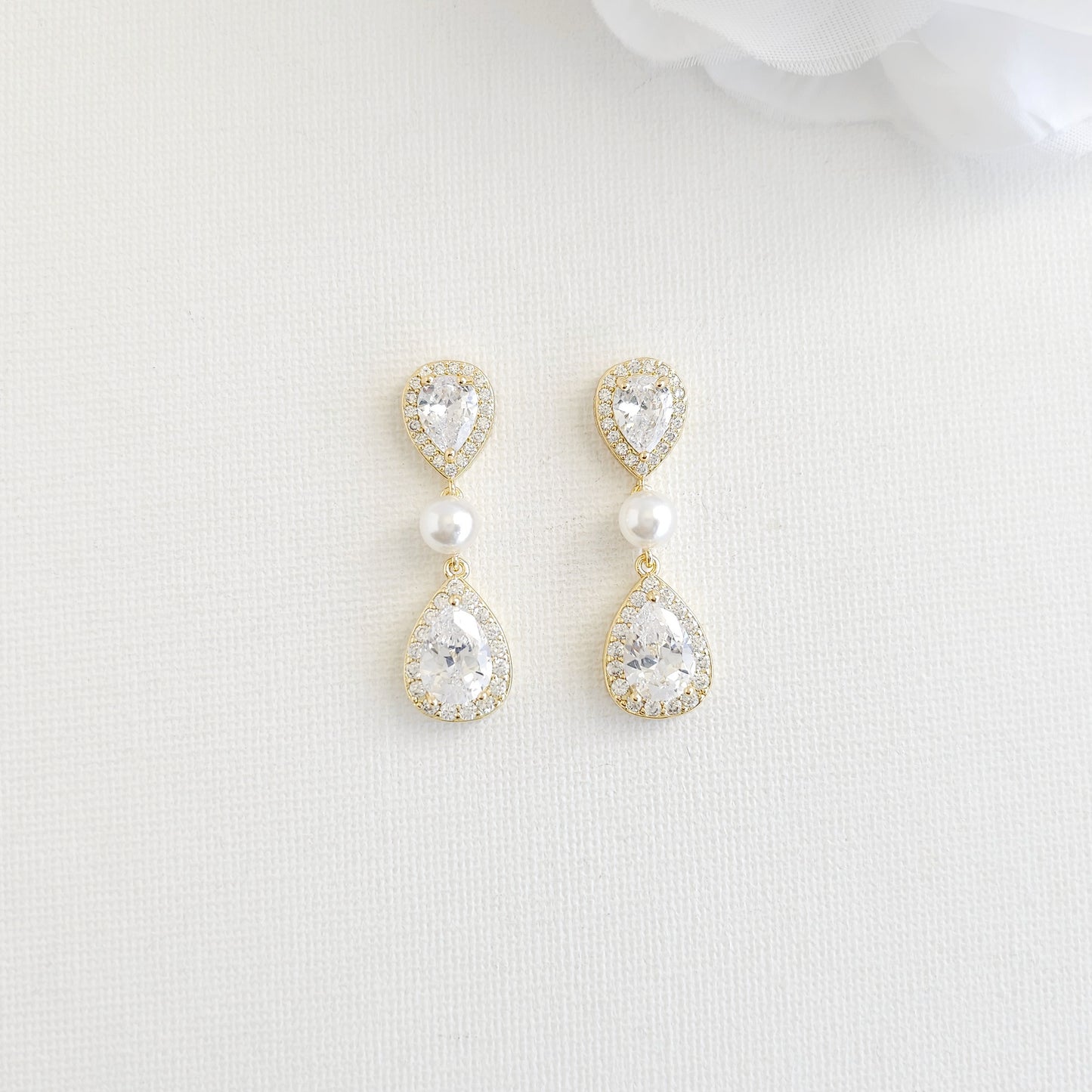 Gold Pearl & Cubic Zirconia Bridal Earrings with Pear Drops- Emma