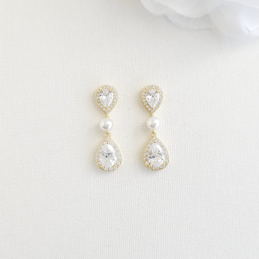 Gold Pearl & Cubic Zirconia Bridal Earrings with Pear Drops- Emma