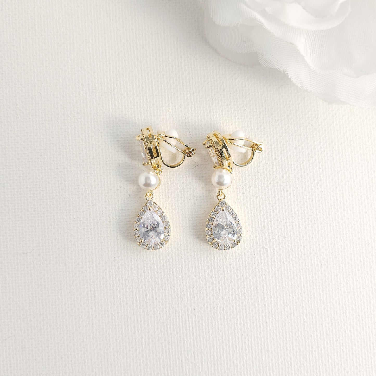 Silver Clip-On Earrings with CZ Teardrops and Ivory Pearls- Emma