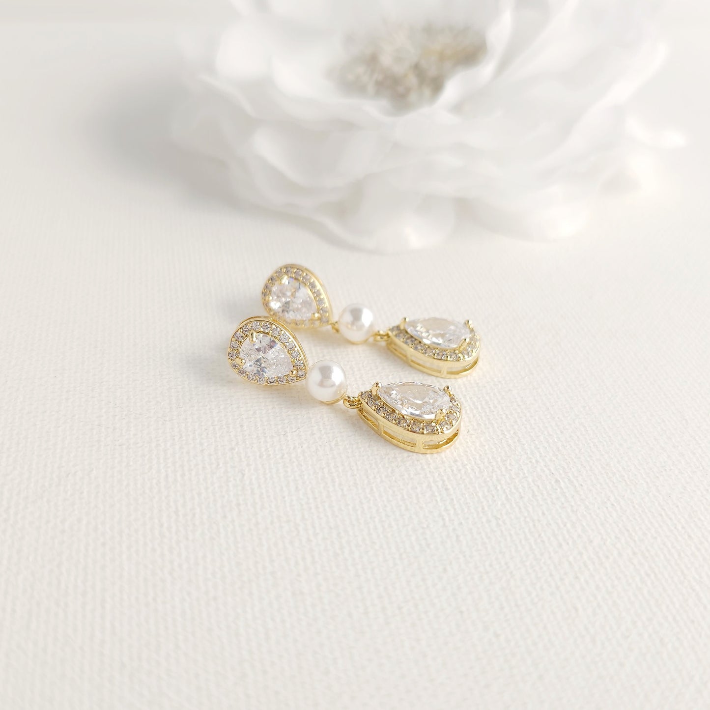 Teardrop Bridal Earrings: Rhodium-Plated Pearl & Cubic Zirconia -Emma