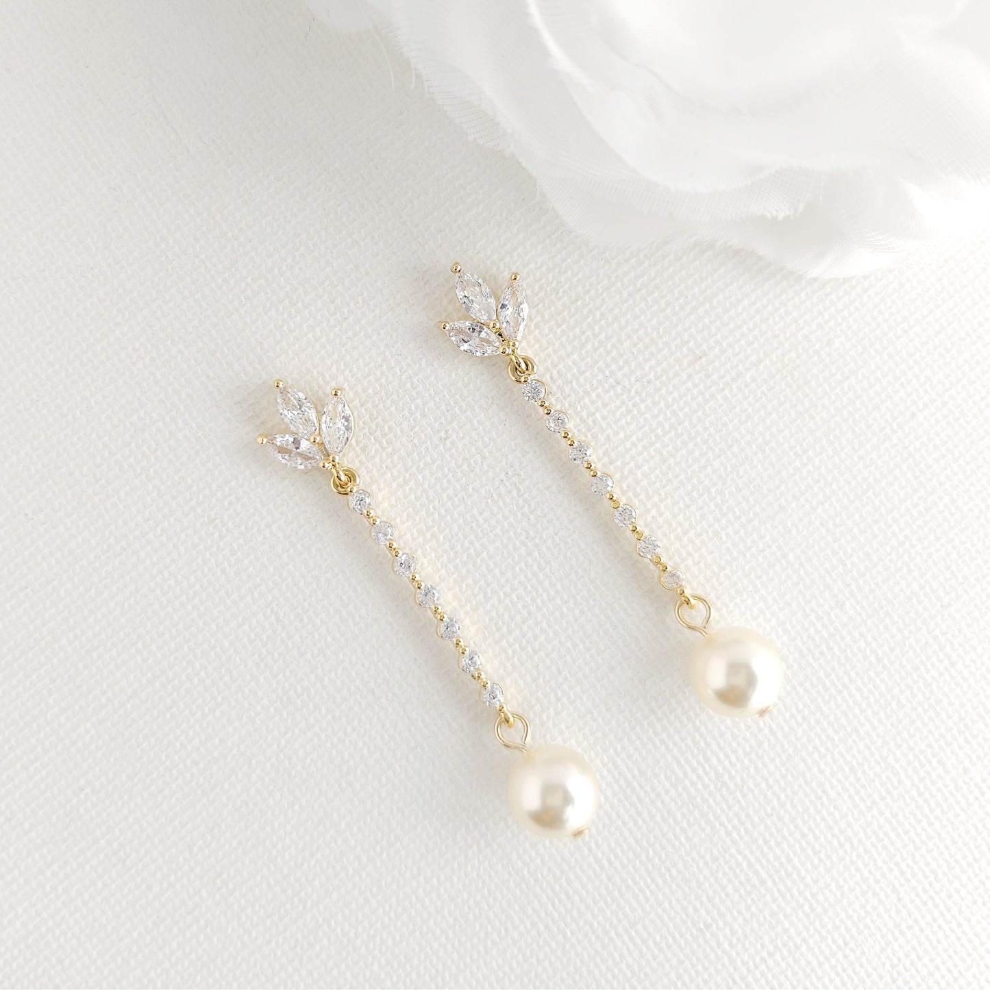 Skinny Long Rose Gold Pearl Drop Earrings- Jodi