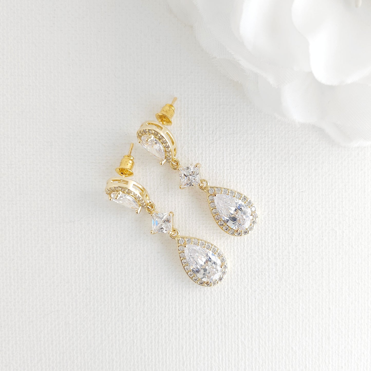 Bridal Jewelry Set in Gold with CZ Teardrop Necklace Earrings - Lena