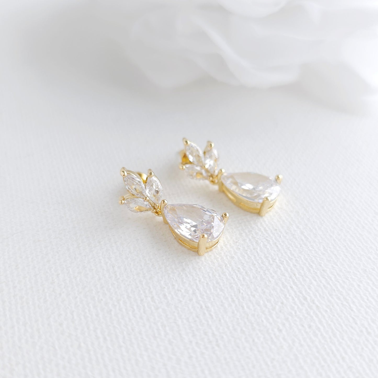 Small Bridal Dangle Drop Earrings with Delicate Leaf Ear-Top and Classic Teardrop for Brides (Silver CZ)– Vera