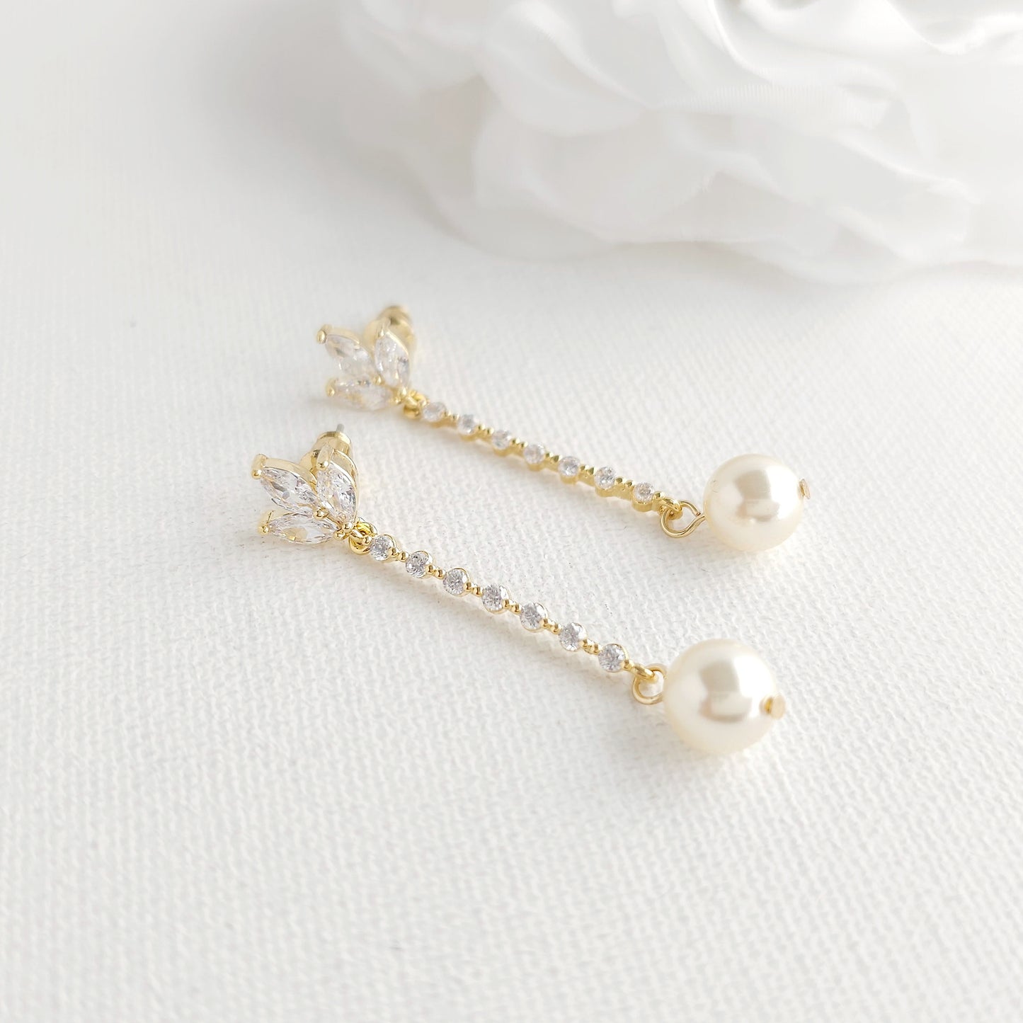 Skinny Long Rose Gold Pearl Drop Earrings- Jodi
