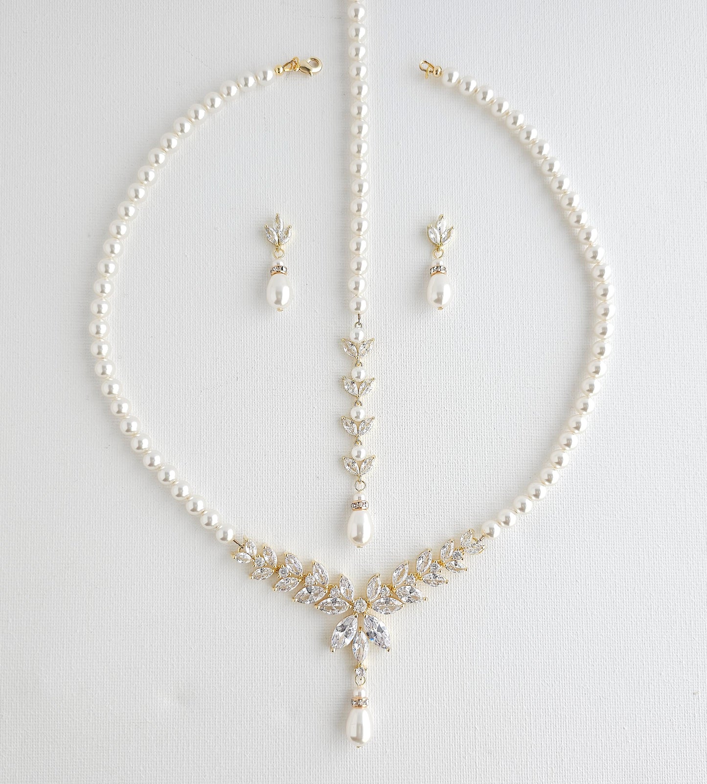 Pearl Bridal Jewelry Set in Ivory White Pearl Color with Necklace, Backdrop & Earrings-Katie