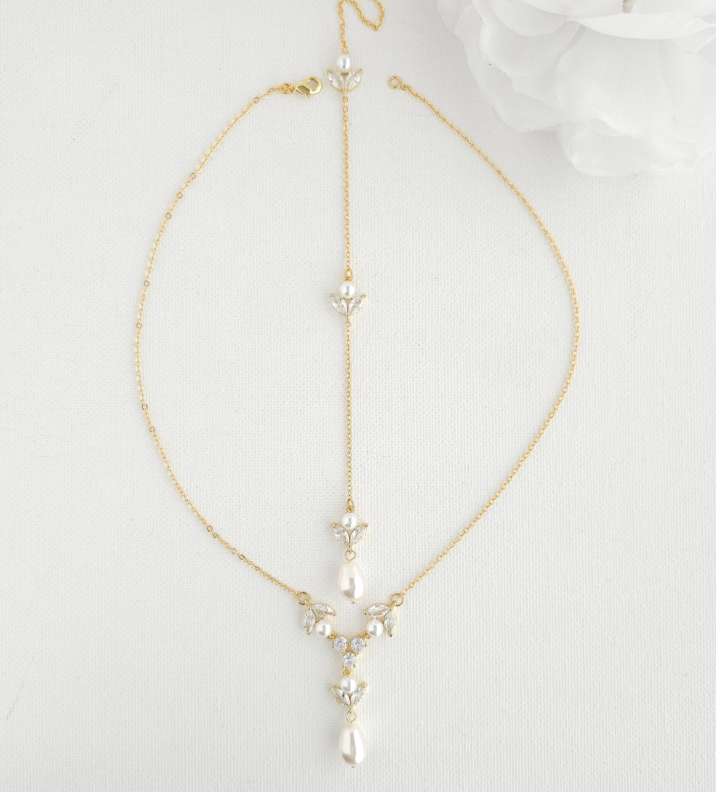 Leaf & Pearl Detachable Backdrop Necklace-Leila