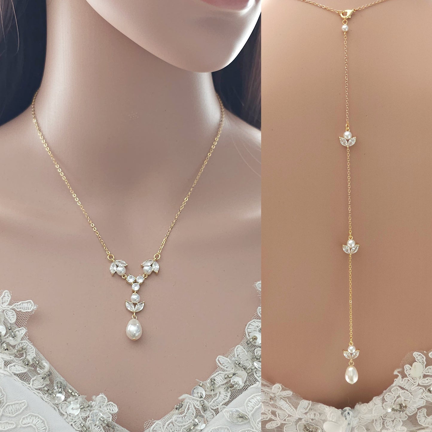 Ensemble de collier de mariage avec boucles d'oreilles et bracelet-Or- Leila