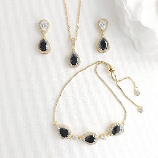 Black & Gold Drop Jewelry Set | Adjustable Bracelet, Necklace & Earrings for Elegant Gifting - Zoe