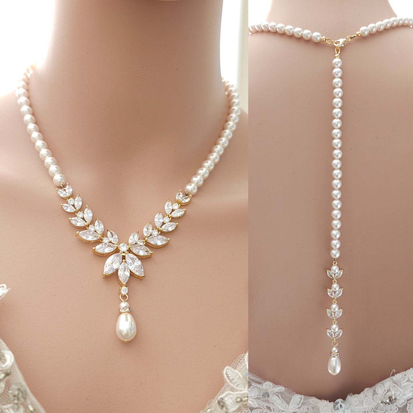 Pearl Strand & Crystal Gold Necklace for Wedding with Backdrop-Katie