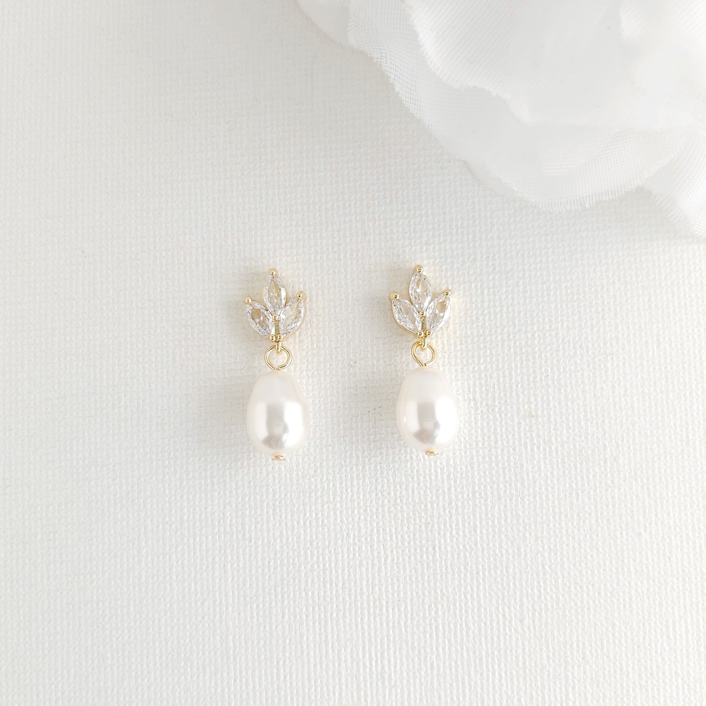 Dainty Teardrop Pearl Earrings with Delicate Leaf-Top for Brides (Silver CZ)- Vera