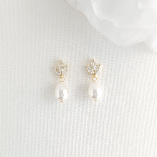 Dainty Gold CZ Leaf Teardrop Pearl Earrings for Weddings- Vera