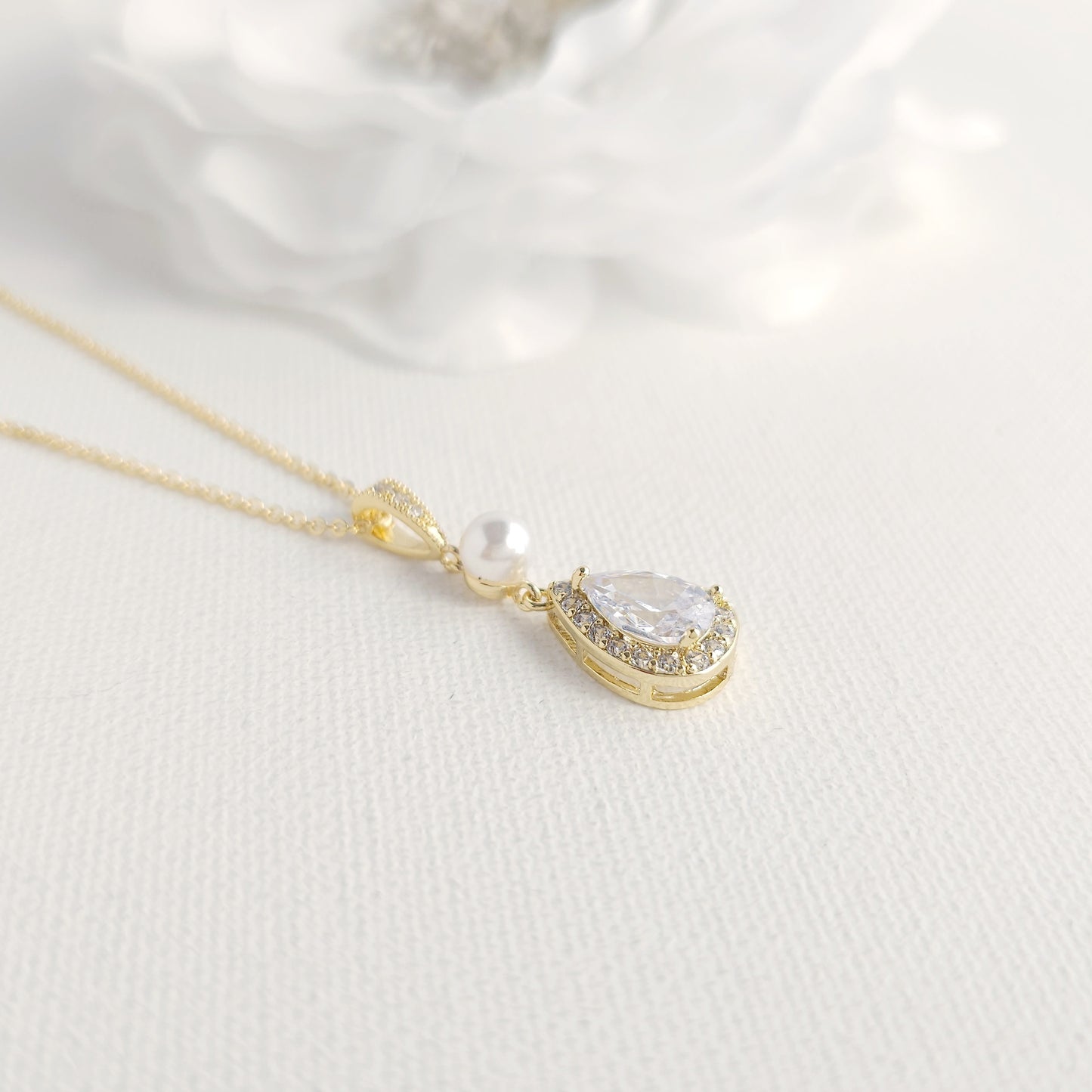 Classic Pearl & Gold CZ Teardrop Wedding Jewelry Set- Emma