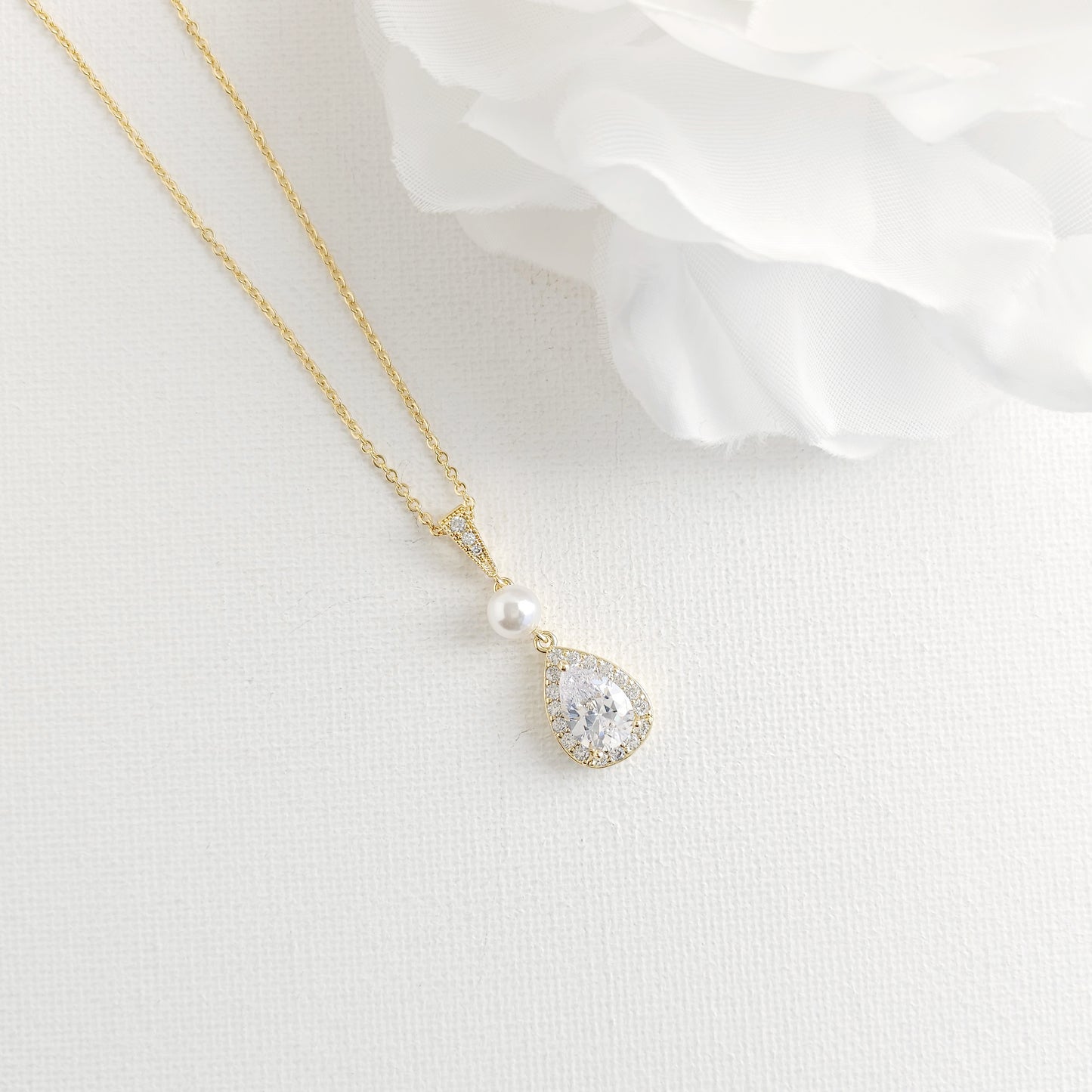 Classic Pearl & Gold CZ Teardrop Wedding Jewelry Set- Emma
