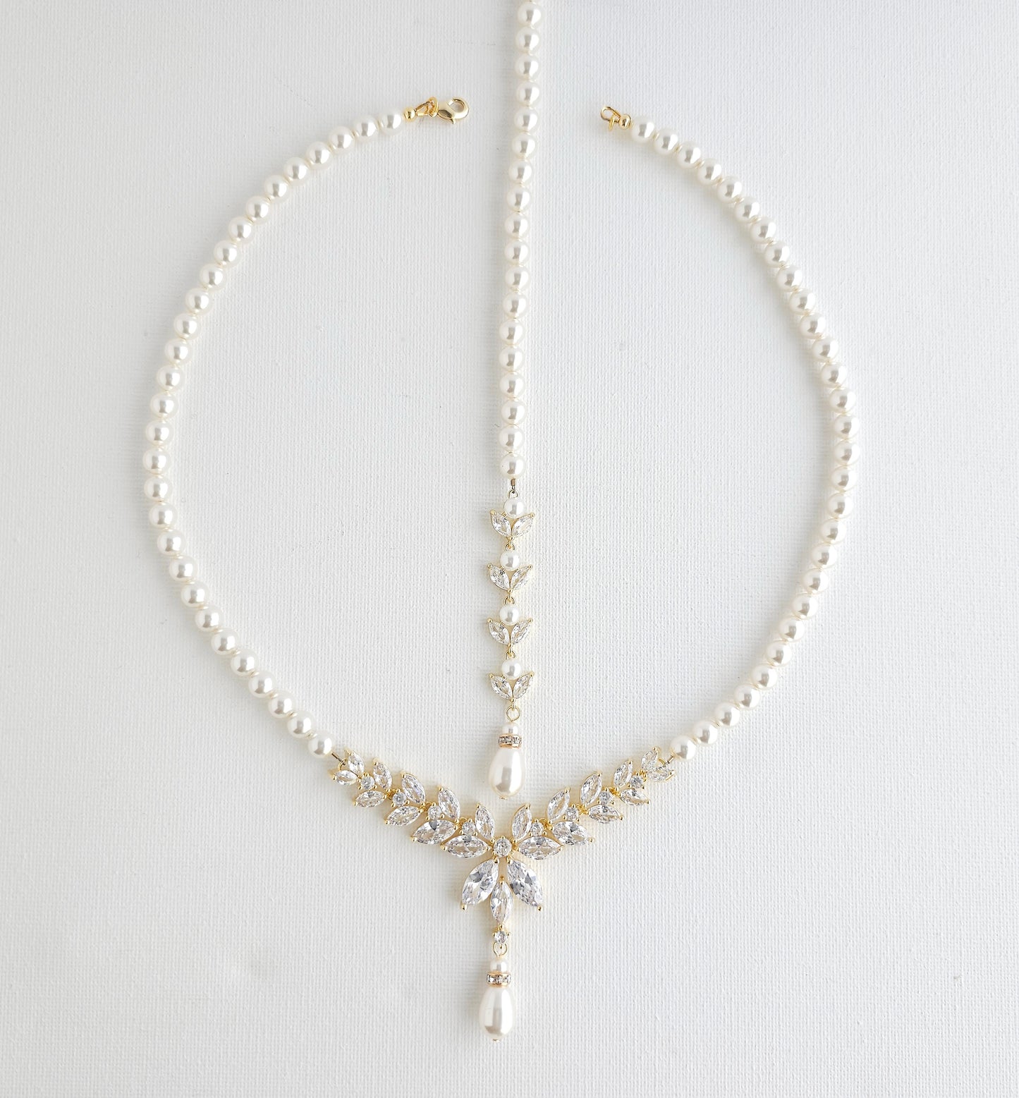 Pearl Strand & Crystal Gold Necklace for Wedding with Backdrop-Katie