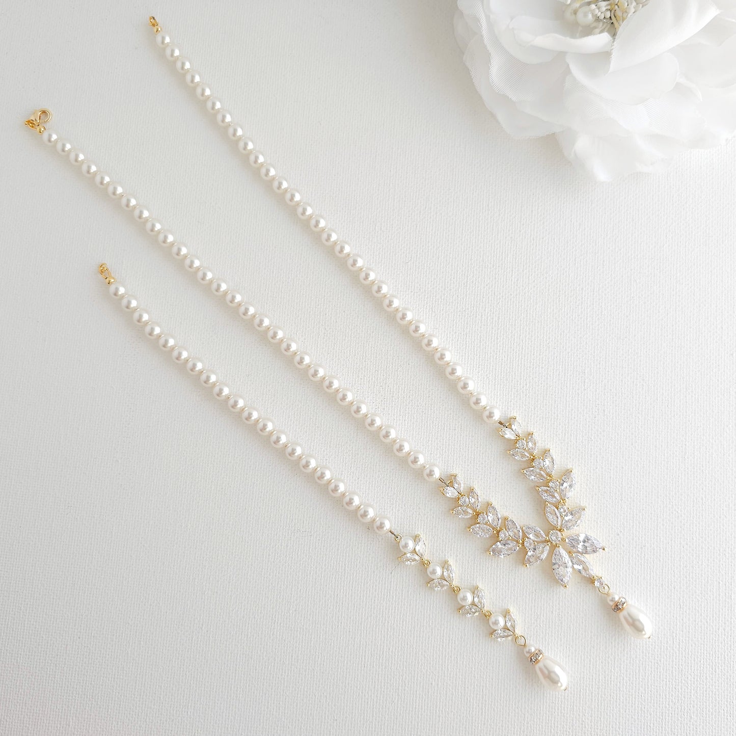 Pearl Bridal Jewelry Set in Ivory White Pearl Color with Necklace, Backdrop & Earrings-Katie