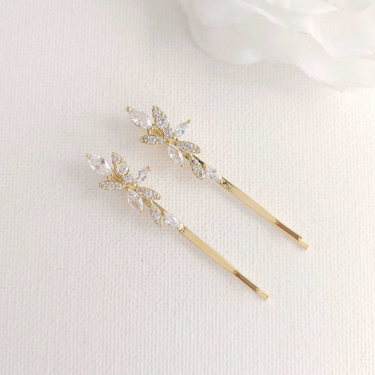 Rose Gold Leaf Bridal Hair Pin Set | Marquise CZ Slide for Bridesmaids & Flower Girls - Thea