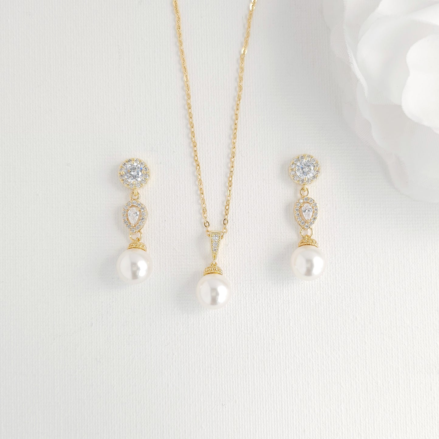 Rich Gold Pearl Jewelry Set: Classic CZ Necklace and Drop Earrings - Gwen