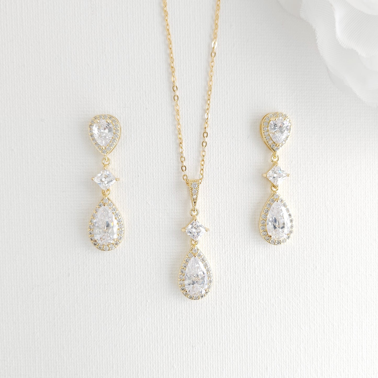 Rhodium Plated CZ Teardrop Necklace & Earrings Set for Brides & Bridesmaids-Lena