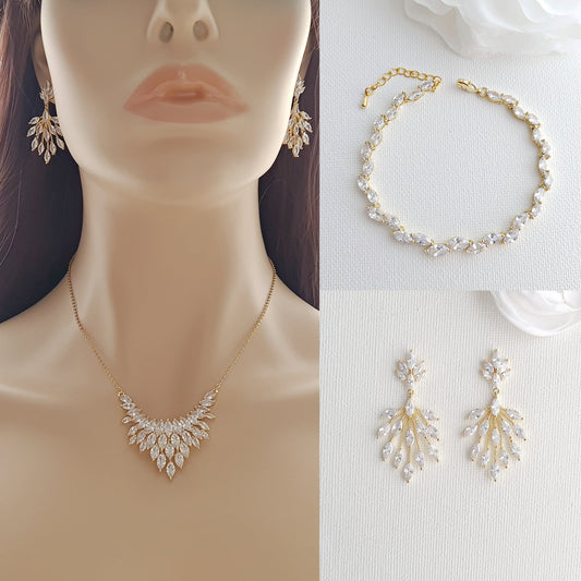 CZ Leaf Gold Jewelry Set for Weddings-Belle