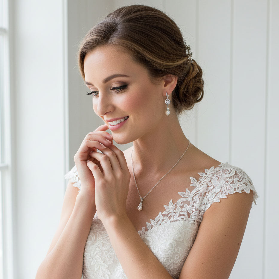 Delicate Pearl Bridal Jewelry Set: Lightweight Dangle Earrings & Necklace for Timeless Style- Hope