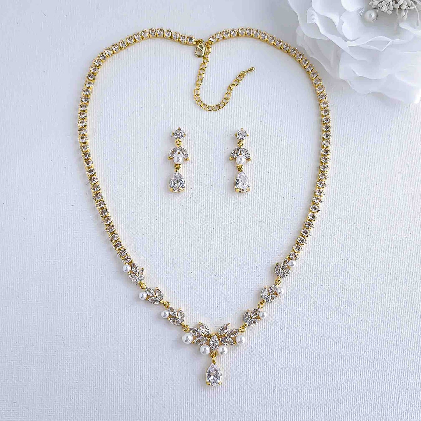 Pearl Wedding Jewelry Set of Necklace and Earrings-Jenna