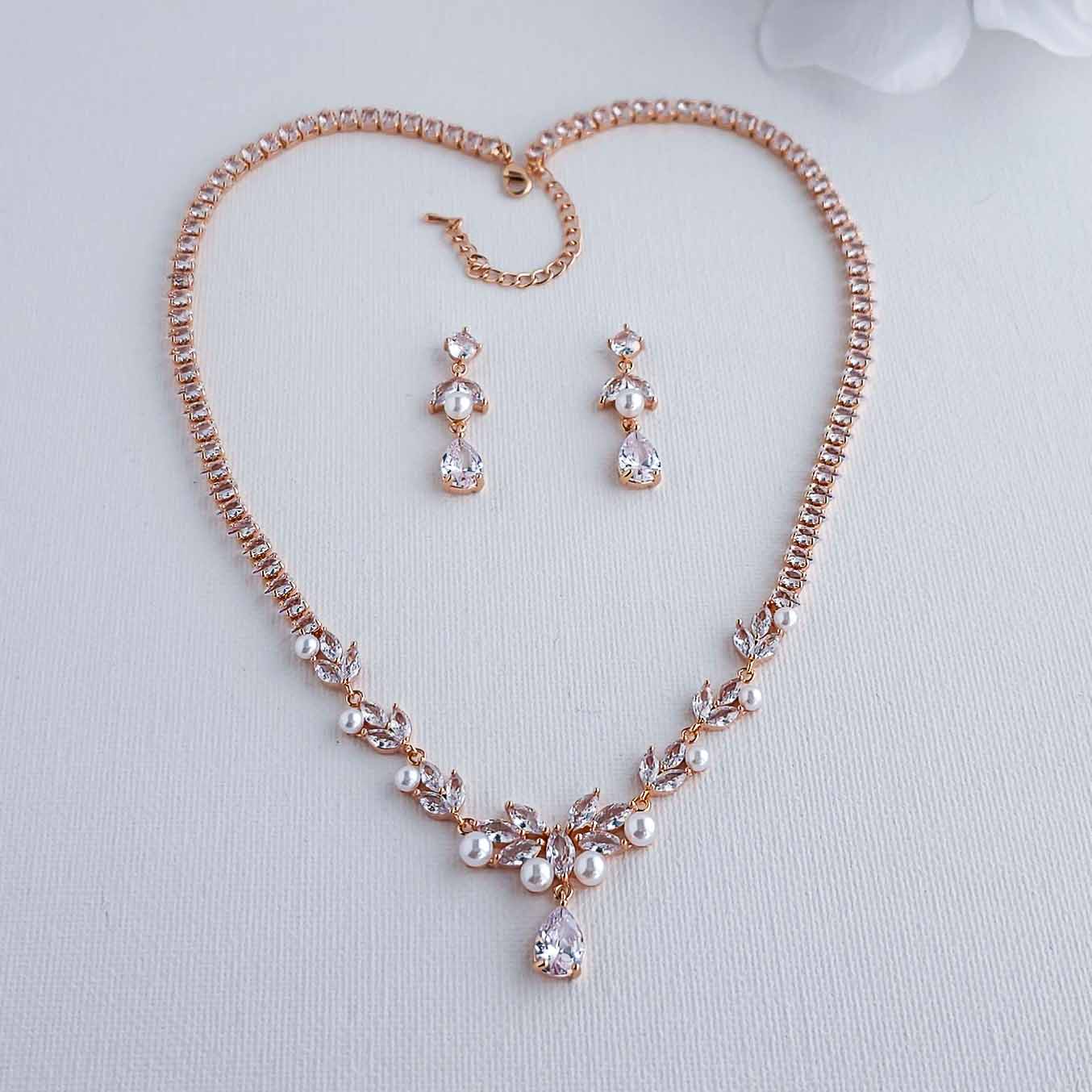 Bridal Pearl Set of Rose Gold with Pearl Necklace and Earrings-Jenna