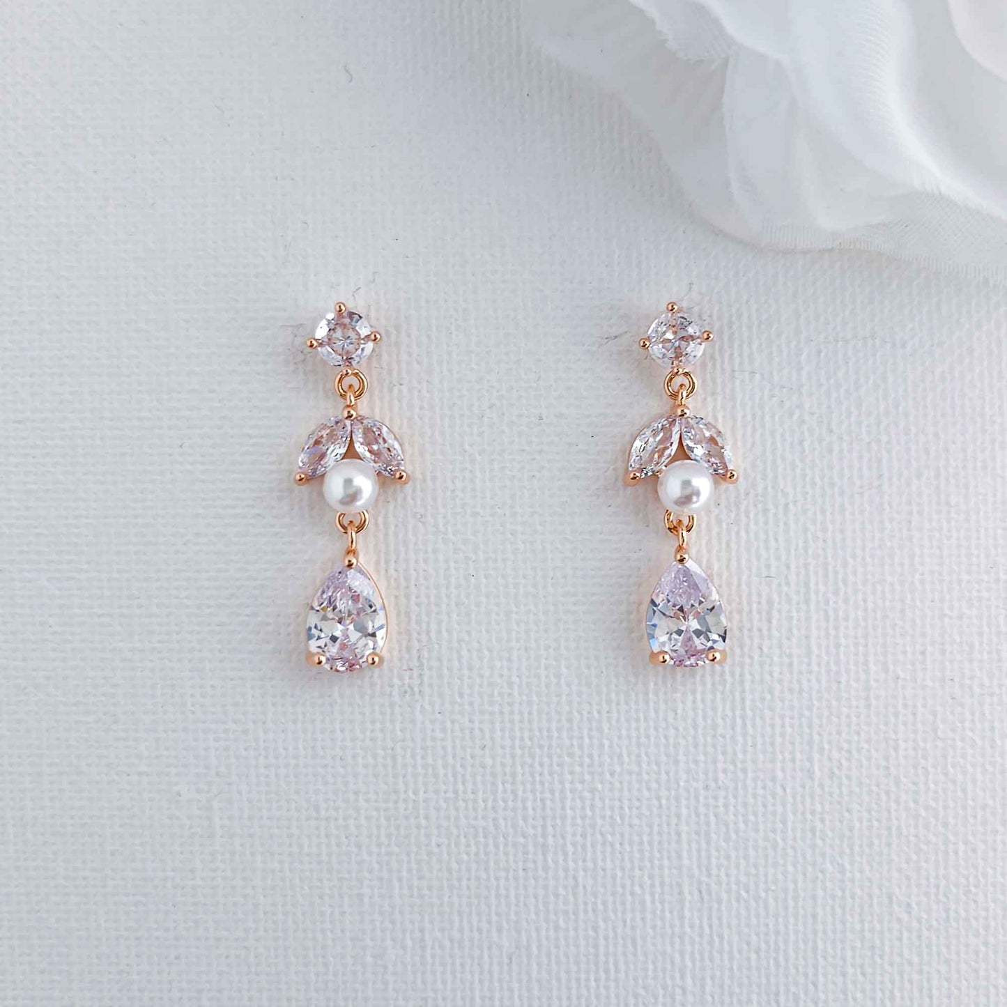 Bridal Pearl Set of Rose Gold with Pearl Necklace and Earrings-Jenna