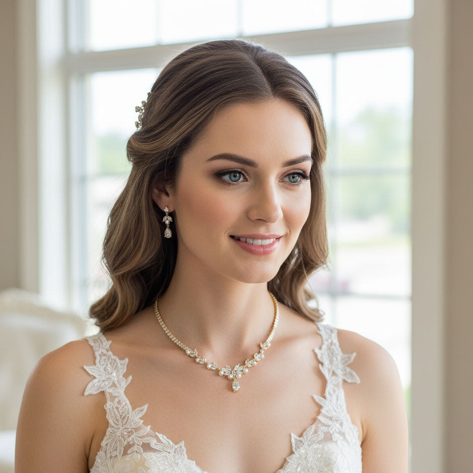 Pearl Wedding Jewelry Set of Necklace and Earrings-Jenna