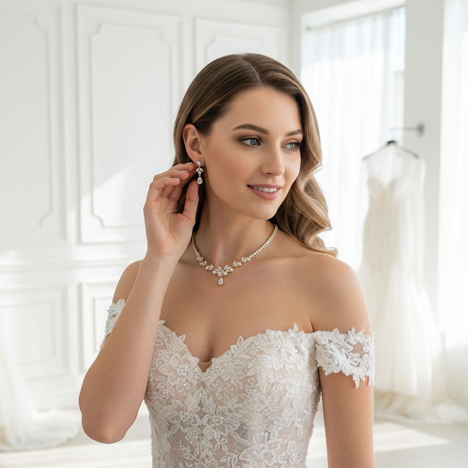 Gold Bridal Pearl Necklace & Earring Set - Jenna