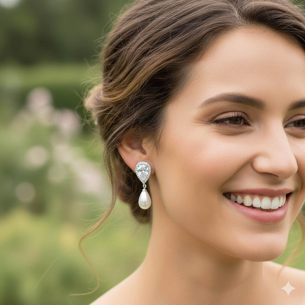 Elegant Teardrop Clip On Pearl Wedding Earrings-Jesse