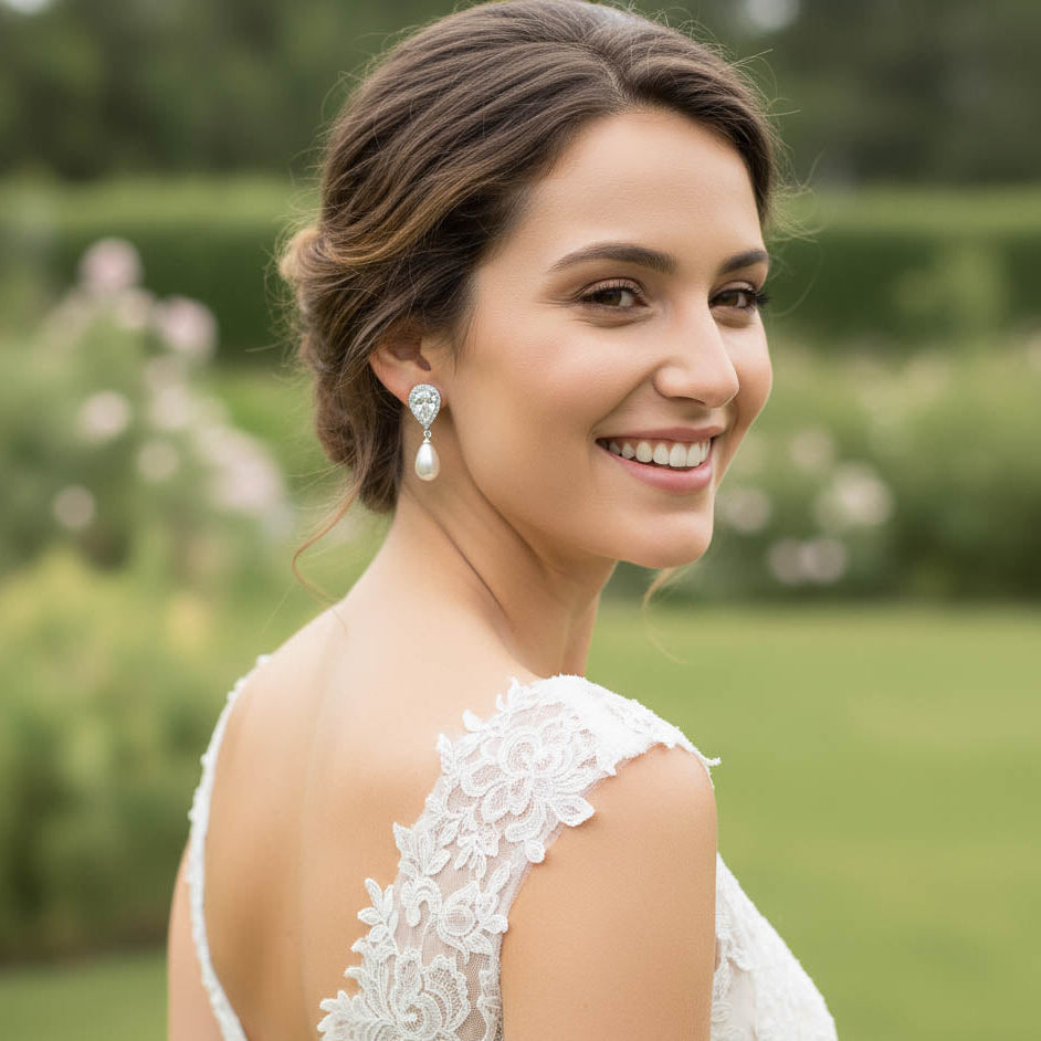 Elegant Teardrop Clip On Pearl Wedding Earrings-Jesse