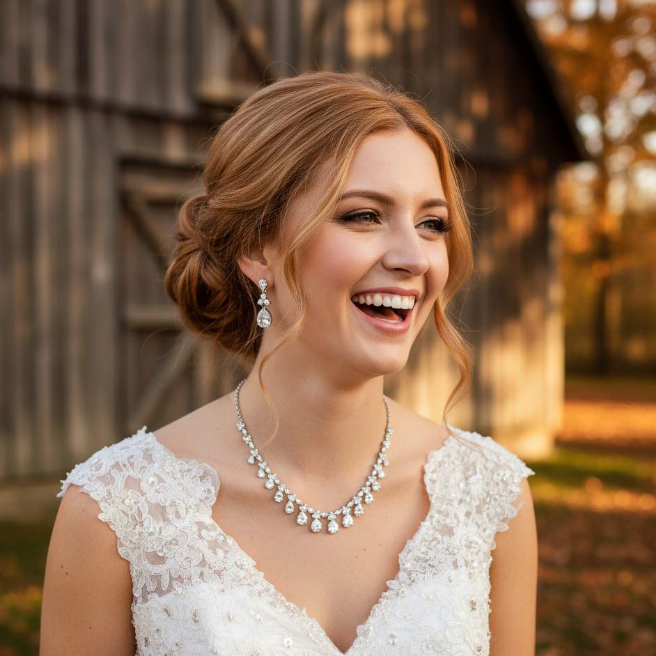 Silver Teardrop 3-Piece Bridal Jewelry Set | Cascading Necklace, Earrings & Bracelet – Jessica