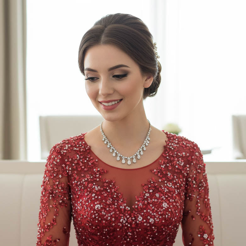 Silver Teardrop 3-Piece Bridal Jewelry Set | Cascading Necklace, Earrings & Bracelet – Jessica