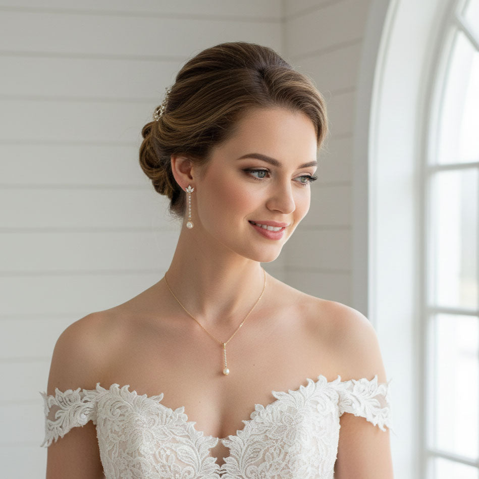 Long Pearl Drop Earrings and Necklace Set- Jodi