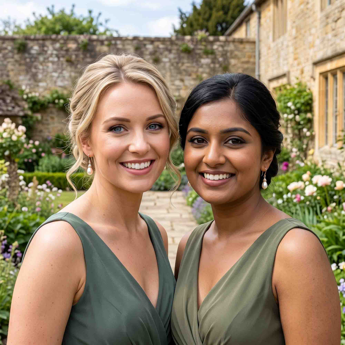 Two bridesmaids smiling and posing together outdoors in matching olive green sleeveless dresses, wearin asimple pearl drop earrings.