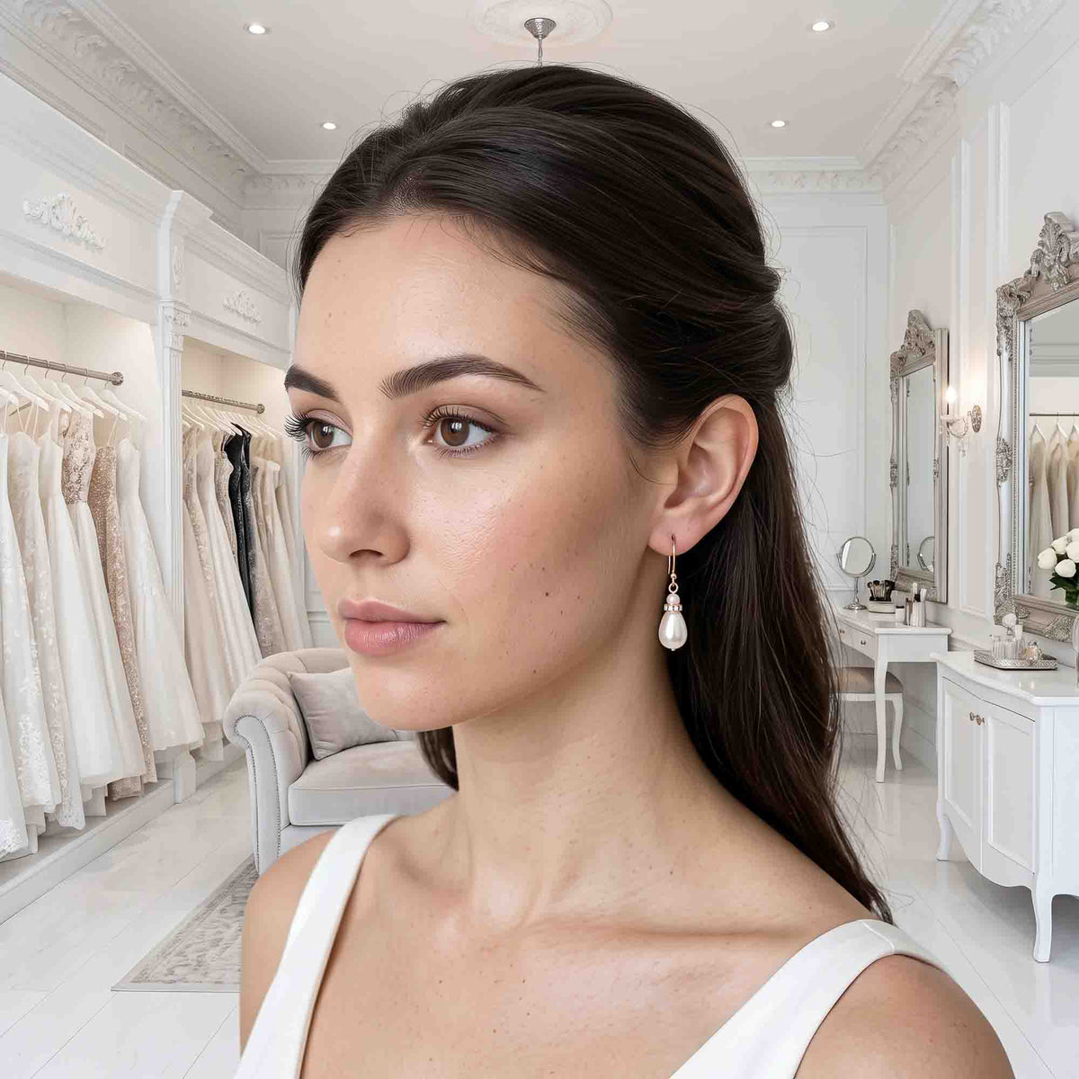 A Bride wearing simple gold and pearl drop earrings, photographed in a bright, elegant bridal boutique with white walls, mirrors, and racks of wedding dresses.