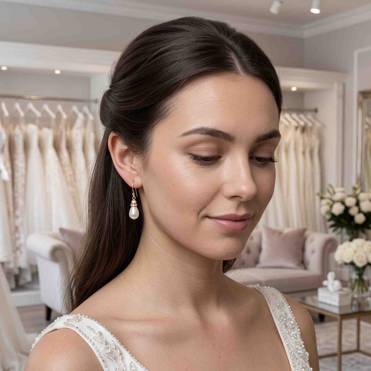 A brude with dark brown hair wearing a simple pearl drop earring, photographed in a bridal boutique.