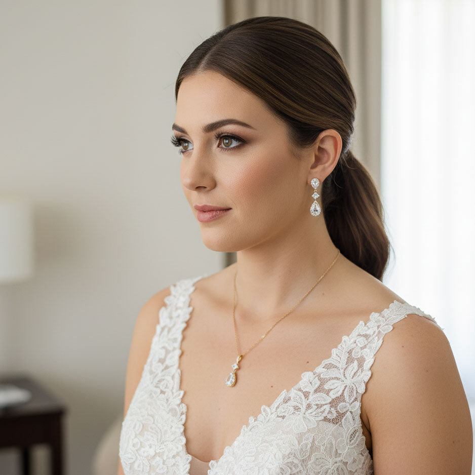 Necklace Set in Rose Gold of Weddings with Matching CZ Earrings - Lena