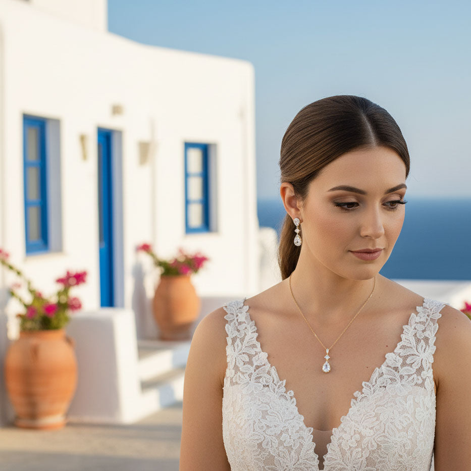 Bridal Jewelry Set in Gold with CZ Teardrop Necklace Earrings - Lena
