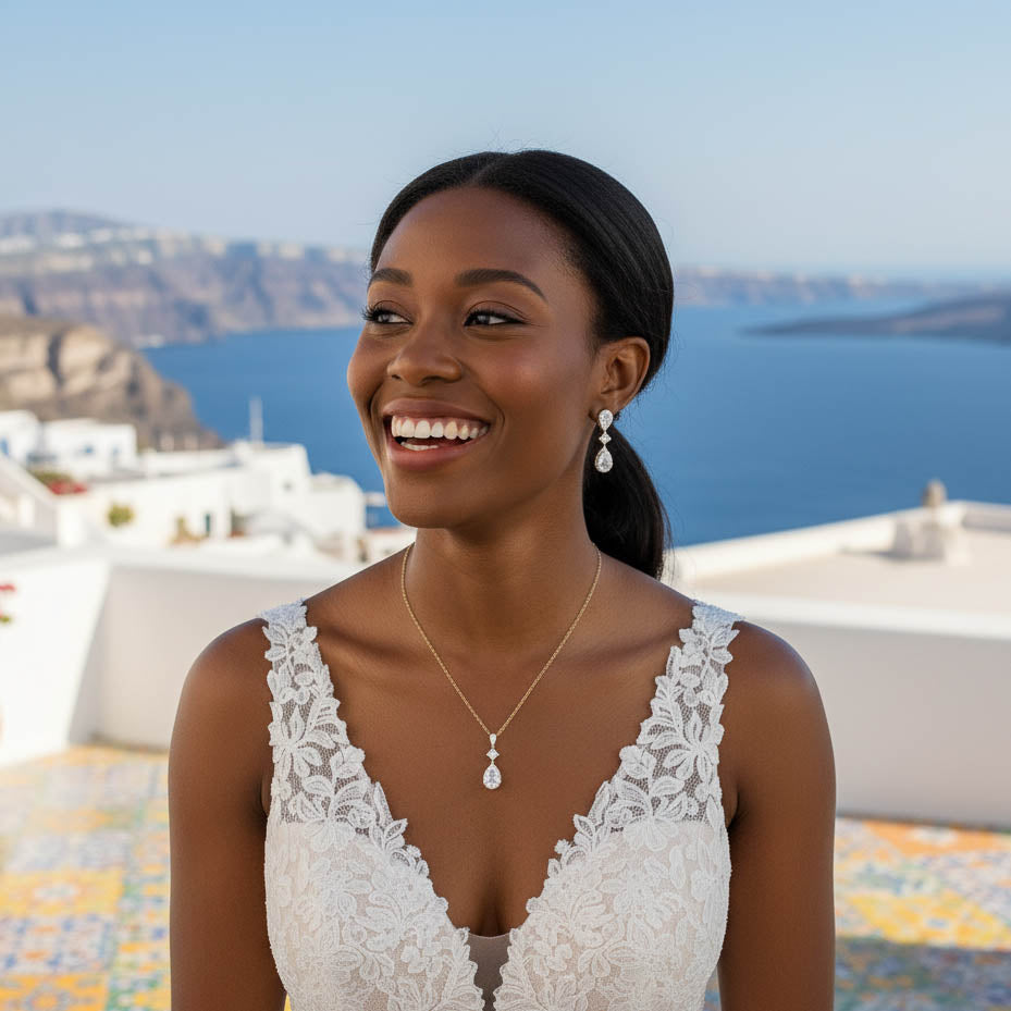 Bridal Jewelry Set in Gold with CZ Teardrop Necklace Earrings - Lena