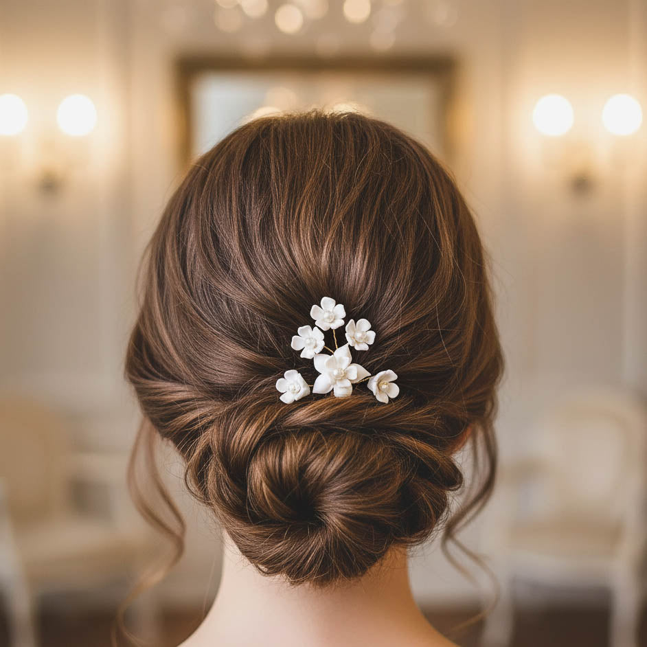 White Floral Pearl Bridal Hairpins-Lana