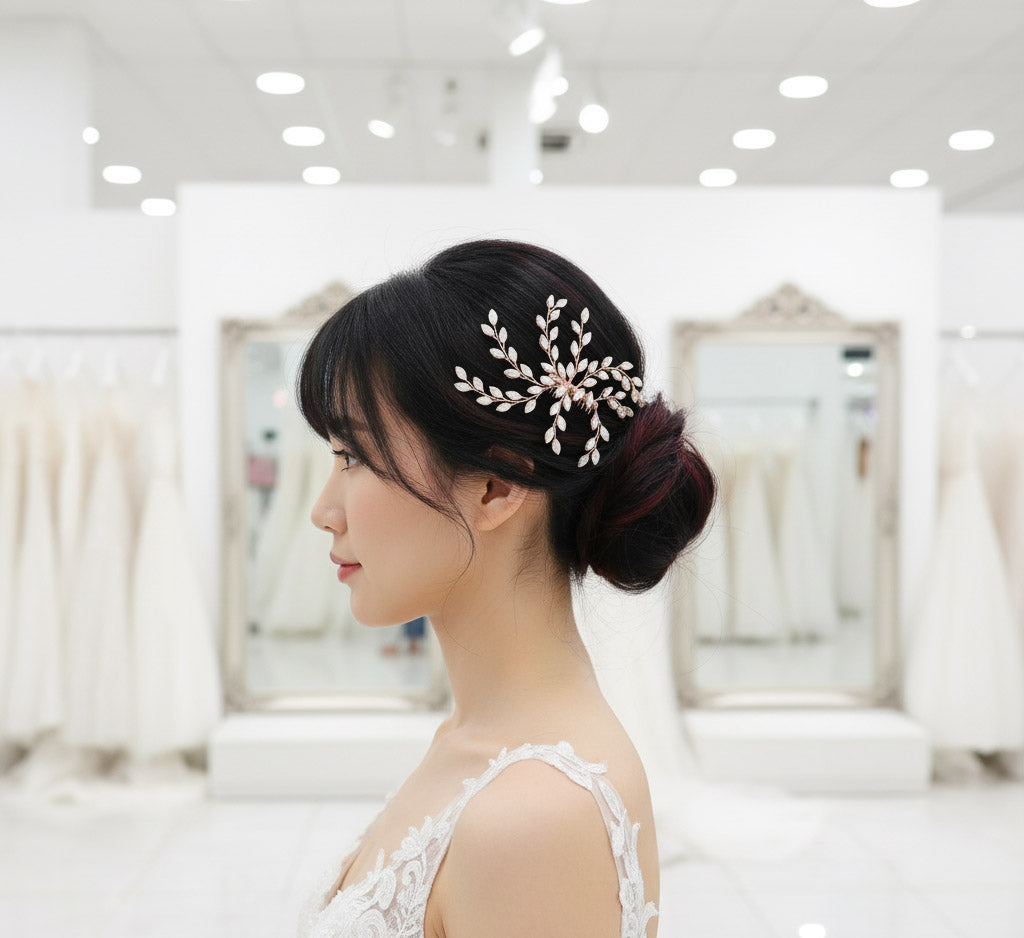 Rose Gold & Blue Opal Crystal Comb | Dainty Minimalist Bridal Headpiece- Laura