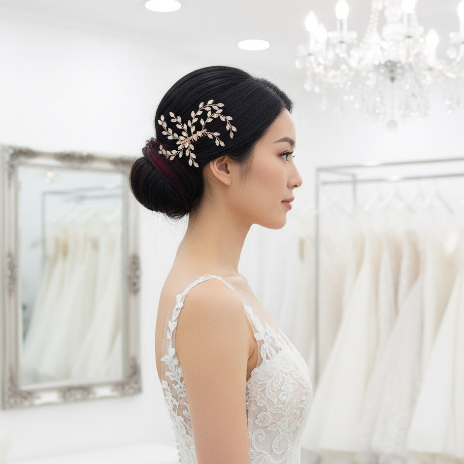 Rose Gold & Blue Opal Crystal Comb | Dainty Minimalist Bridal Headpiece- Laura