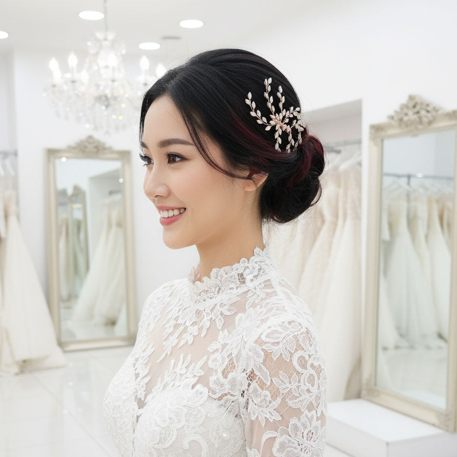 Rose Gold & Blue Opal Crystal Comb | Dainty Minimalist Bridal Headpiece- Laura