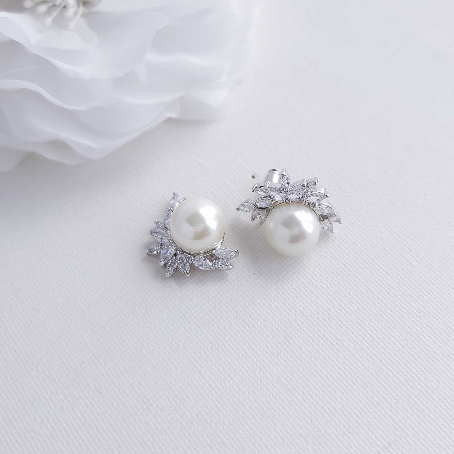 Pearl and CZ Cluster Stud Earrings Silver-Rylee