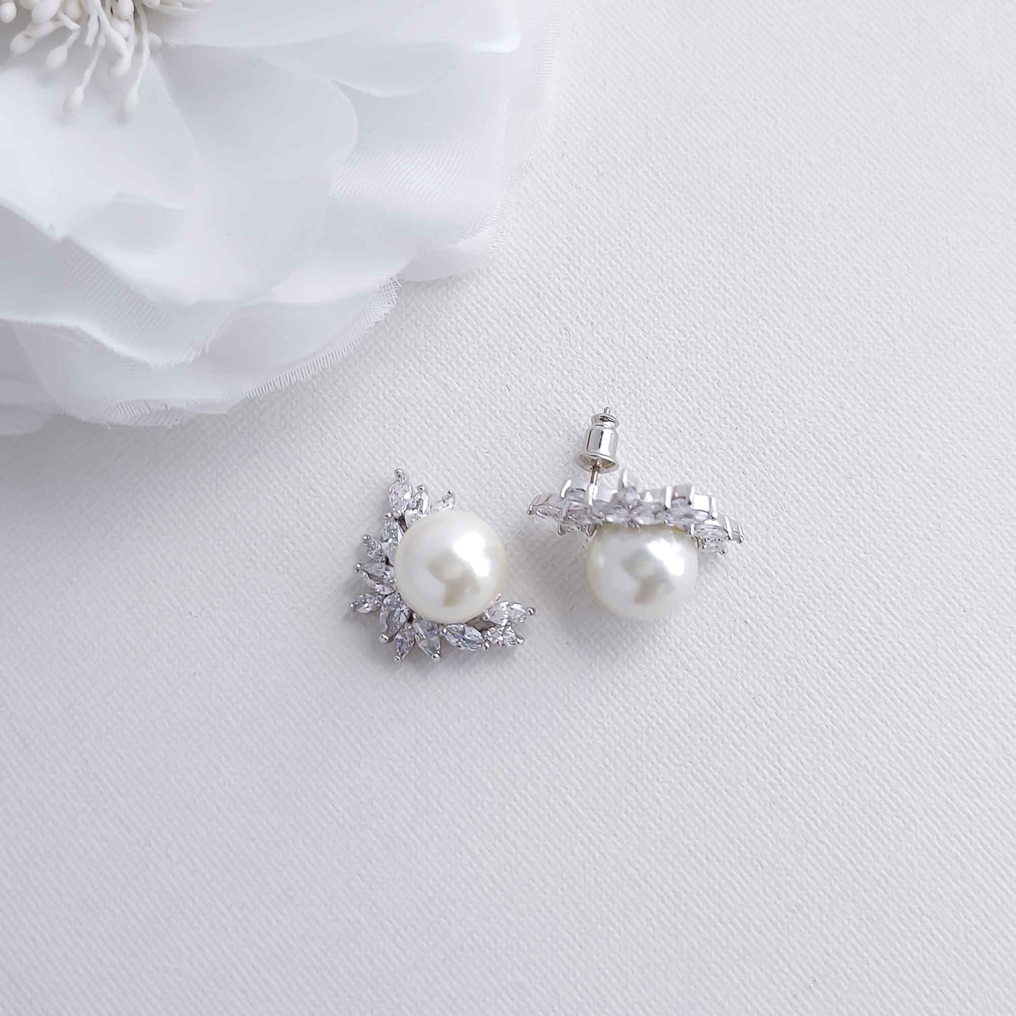 Pearl and CZ Cluster Stud Earrings Silver-Rylee