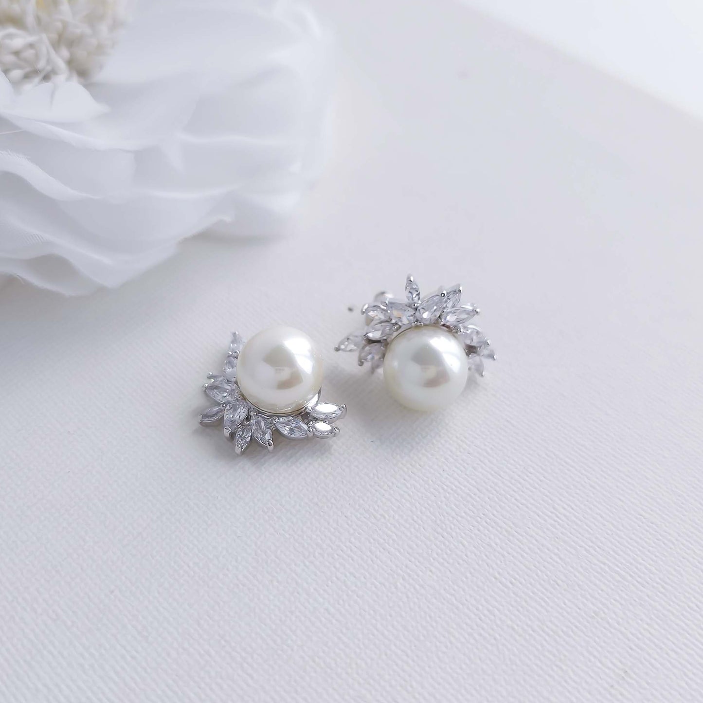 Pearl and CZ Cluster Stud Earrings Silver-Rylee