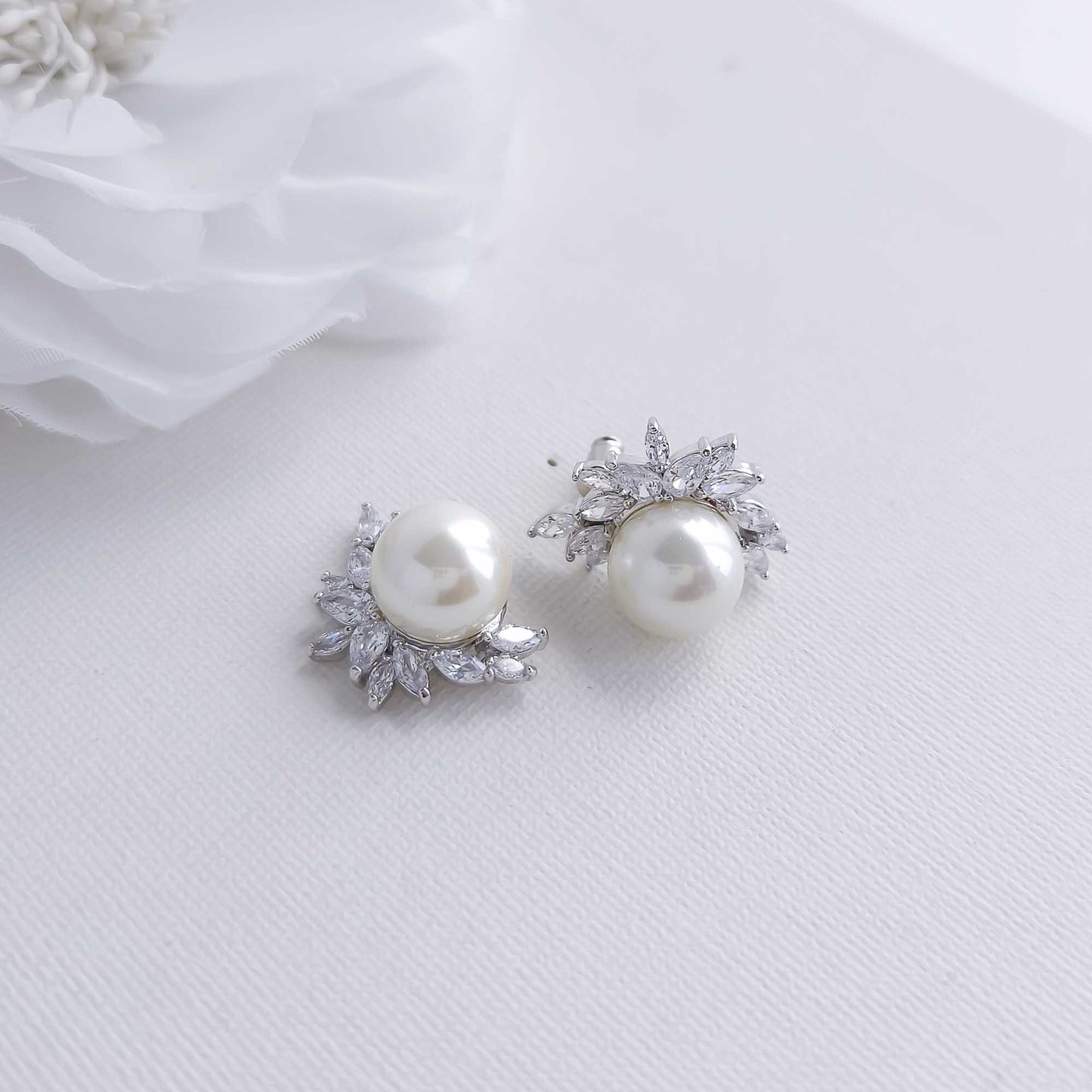 Pearl and CZ Cluster Stud Earrings Silver-Rylee