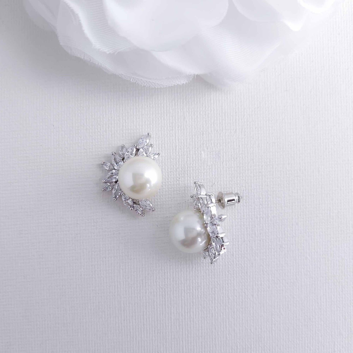 Pearl and CZ Cluster Stud Earrings Silver-Rylee