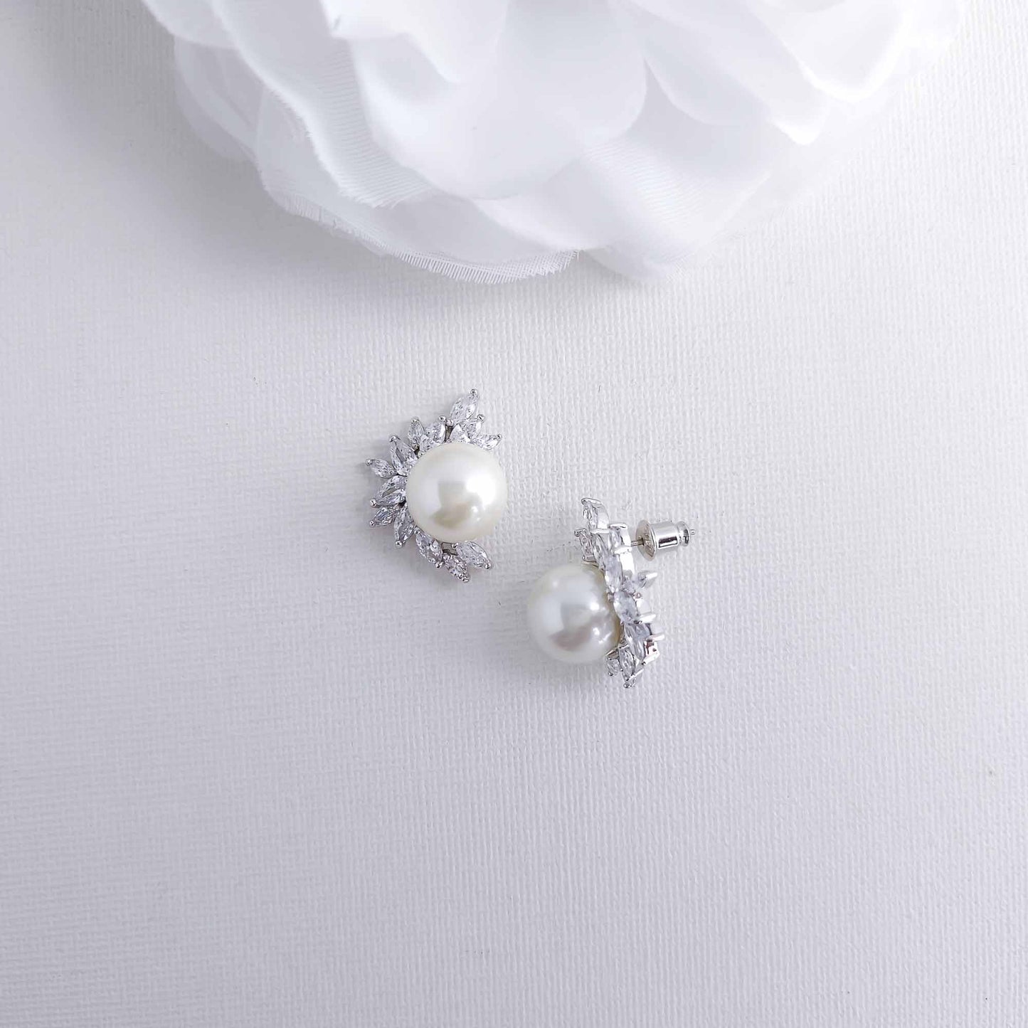 Pearl and CZ Cluster Stud Earrings Silver-Rylee